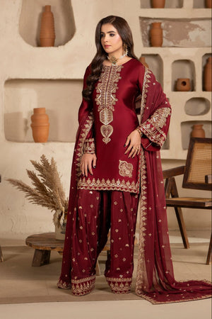 Red Embroidered Shamoz Silk Pakistani Suit Online in Dubai UAE Abudhabi Ajman Sharjah