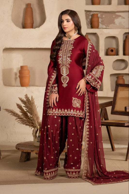 Red Embroidered Shamoz Silk Pakistani Suit Online in Dubai UAE Abudhabi Ajman Sharjah
