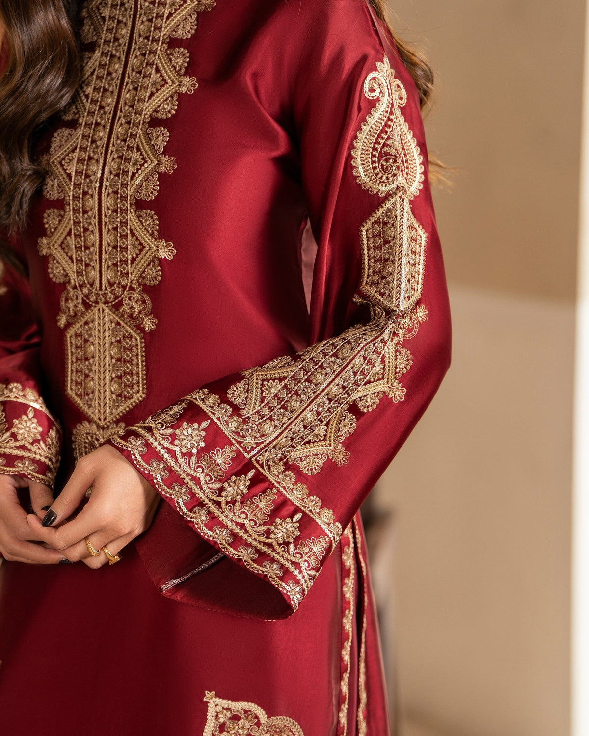 Red Embroidered Shamoz Silk Ready to Wear Salwar Suit Online in Dubai DXB UAE Abudhabi Meena Bazaar