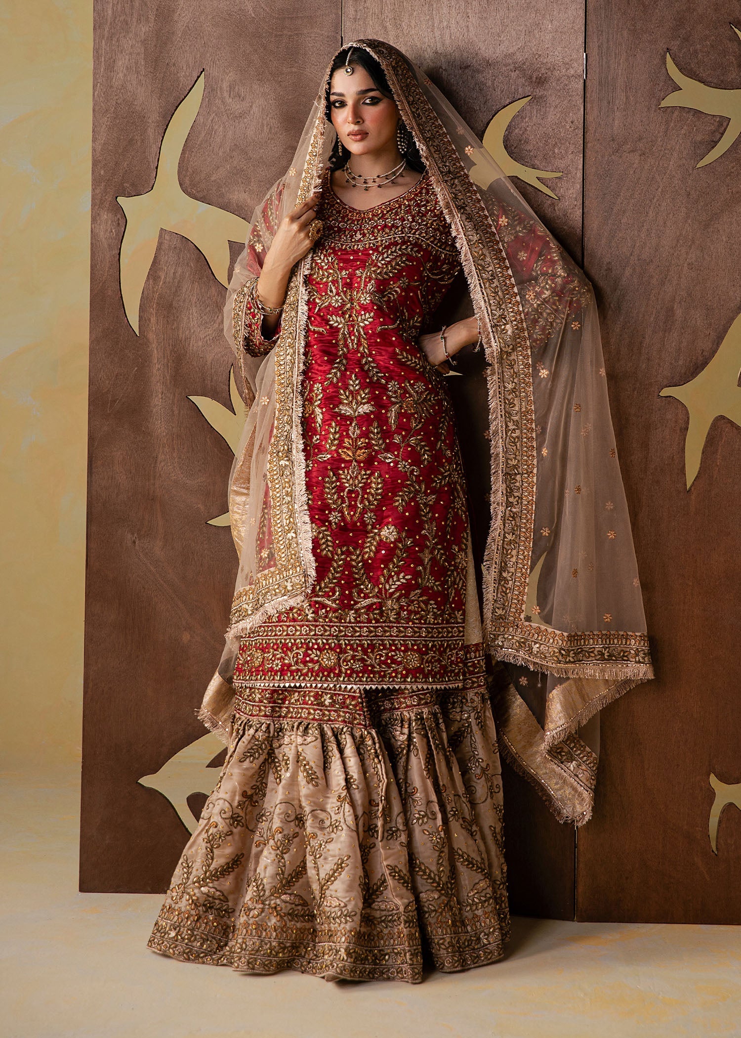 Red Embroidered Silk Sharara Gharara Set Online in UK USA Canada