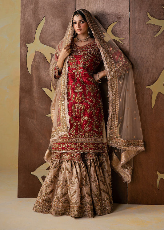 Red Embroidered Silk Sharara Gharara Set Online in UK USA Canada