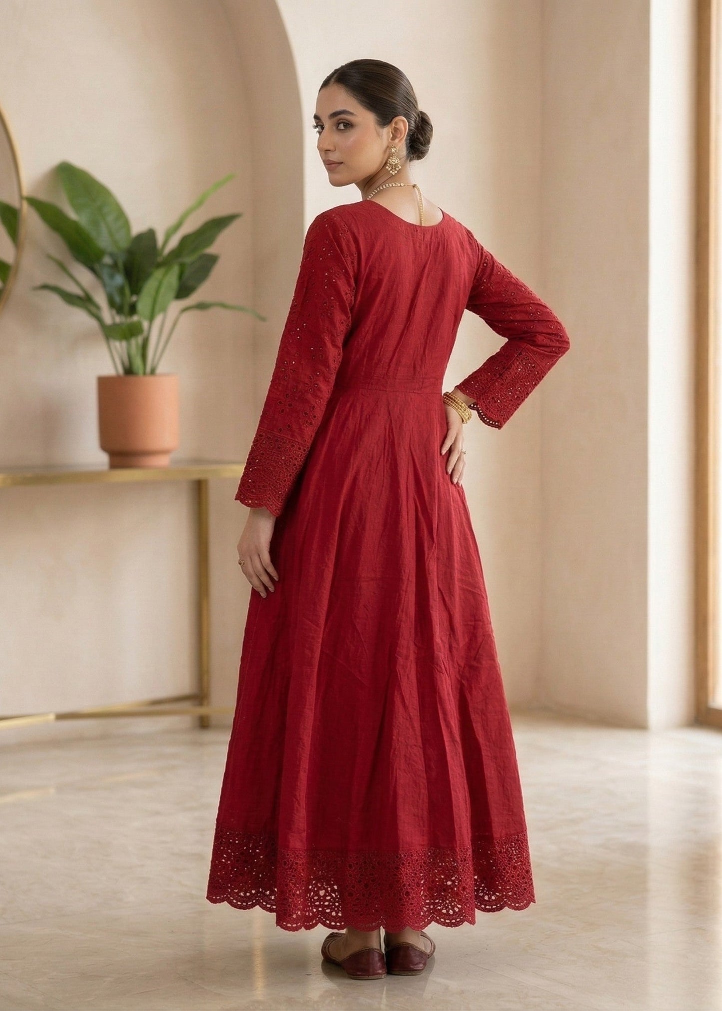 Red Flared Pishwas with Chiffon Dupatta Online in Dubai UAE Abudhabi Ajman Sharjah