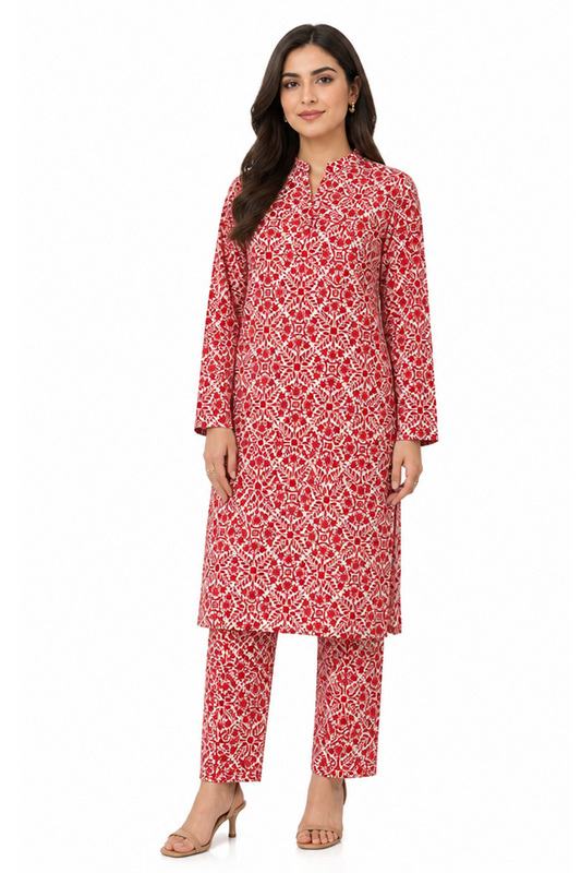 Red Geometric Print AirJet Lawn Suit Online in Dubai UAE Abudhabi Ajman Sharjah
