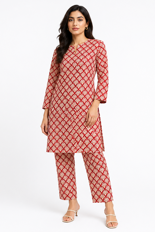 Red Geometric Printed AirJet Lawn Suit Online in Dubai UAE Abudhabi Ajman Sharjah