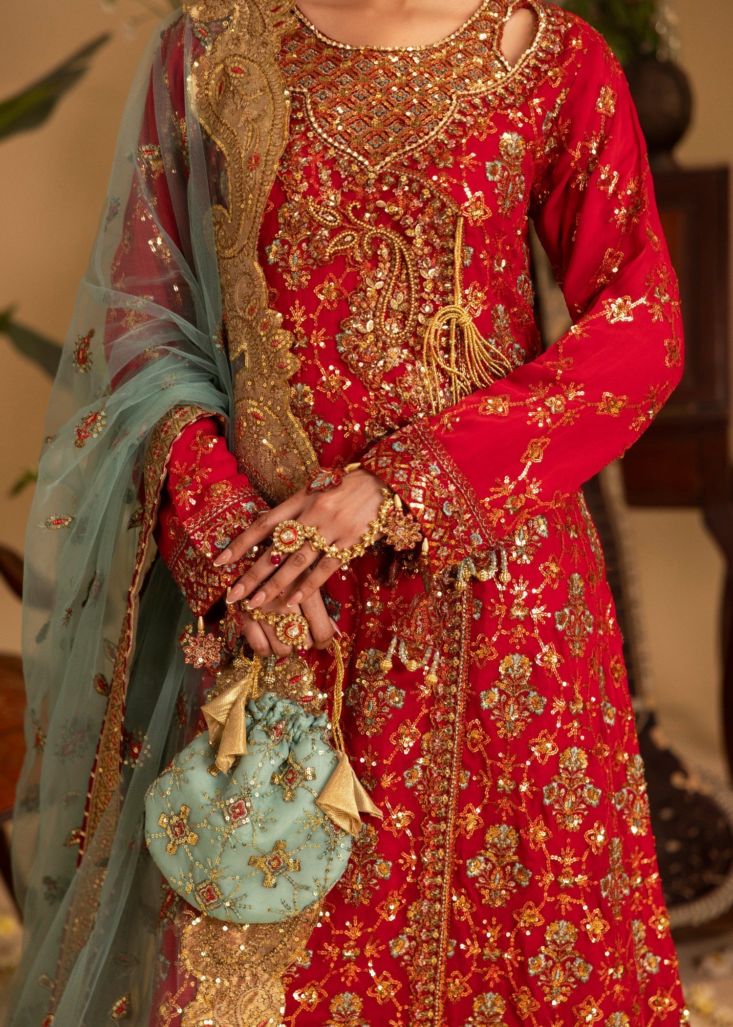 Red Gold Embroidered Chiffon Gown Online in Sri Lanka India Australia