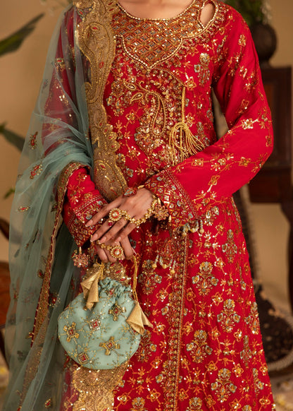 Red Gold Embroidered Chiffon Gown Online in Sri Lanka India Australia