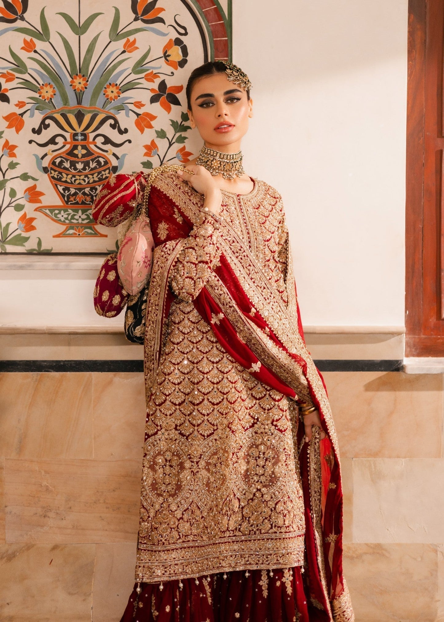 Red Gold Tilla Embroidered Chiffon Wedding Suit Online in Dubai UAE Abudhabi Ajman Sharjah