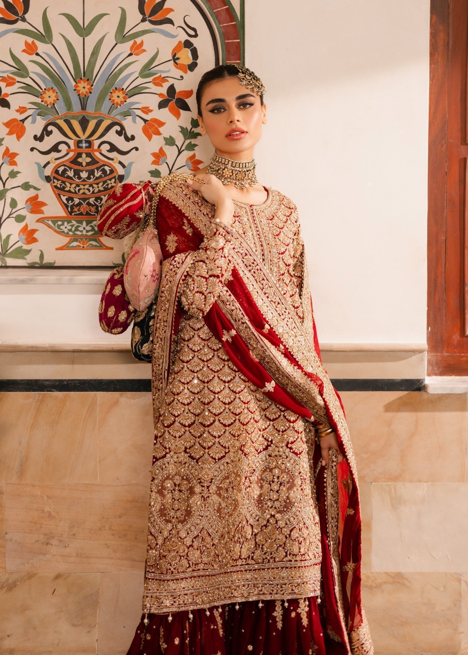 Red Gold Tilla Embroidered Chiffon Wedding Suit Online in Dubai UAE Abudhabi Ajman Sharjah