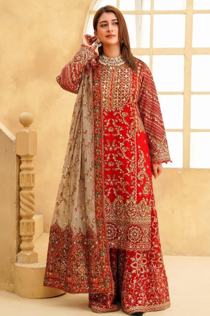 Red Hand Embellished Chiffon Sharara Gharara Online in Dubai UAE Abudhabi Ajman Sharjah