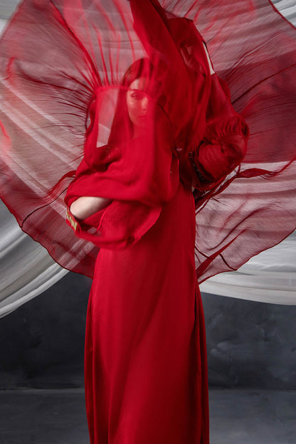 Red Hand Embellished Crinkle Chiffon Indowestern Wear Online in Sri Lanka India Australia