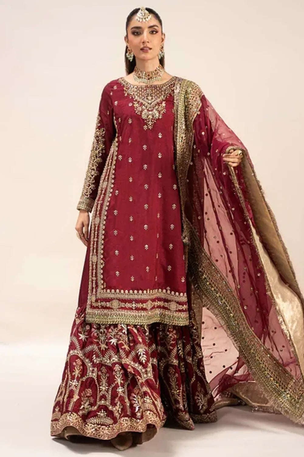 Red Hand Embellished Raw Silk Wedding Gharara Online in Dubai UAE Abudhabi Ajman Sharjah