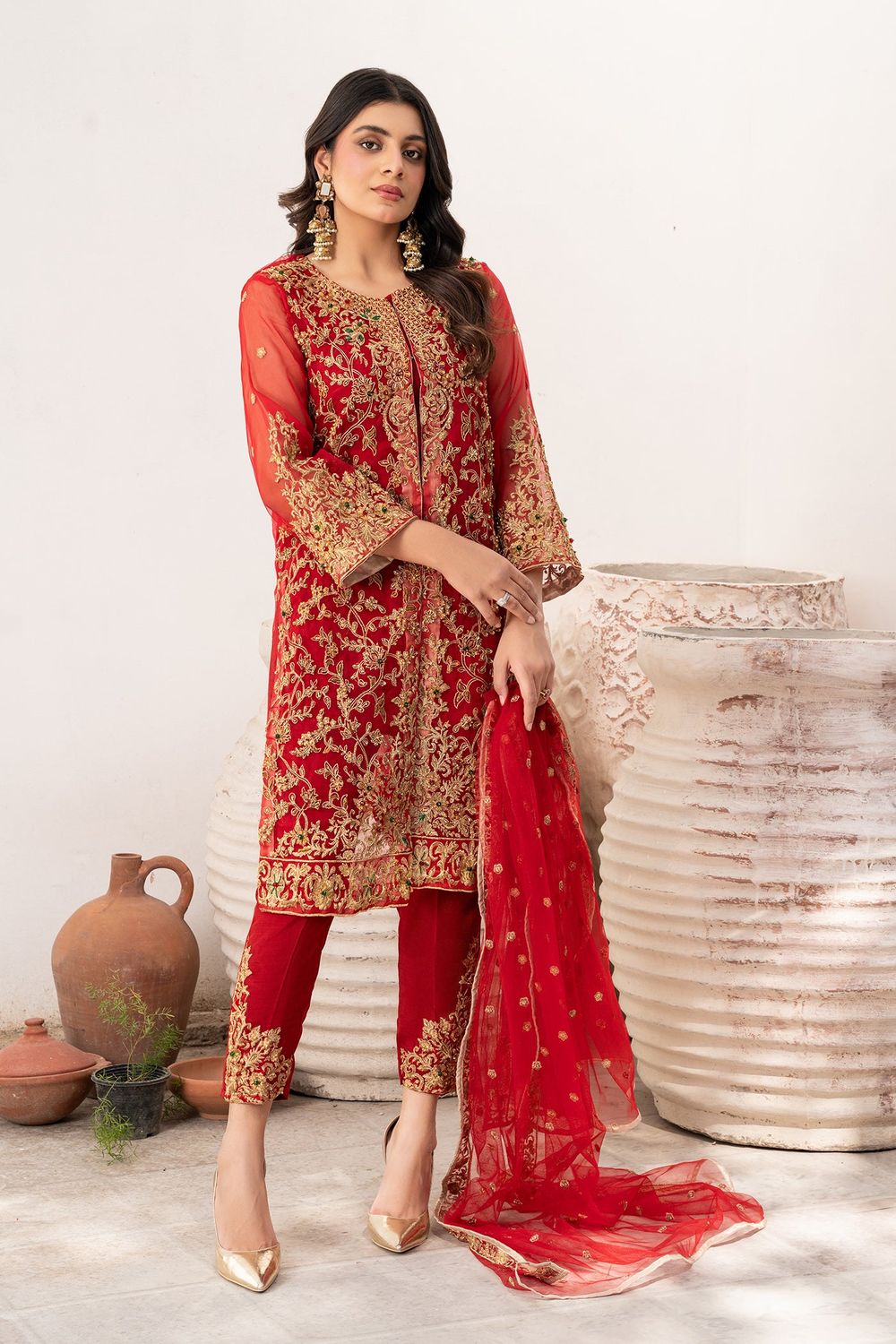 Red Hand Embroidered Organza Salwar Kameez Online in Dubai UAE Abudhabi Ajman Sharjah