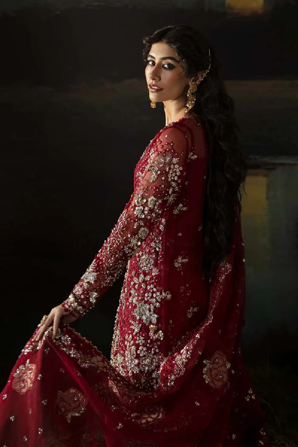 Red Hand Embroidered Organza Sharara Gharara Online in Sri Lanka India Australia