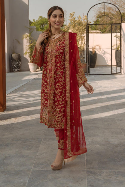 Red Handcrafted Tilla Embellished Organza Suit Online in Dubai UAE Abudhabi Ajman Sharjah