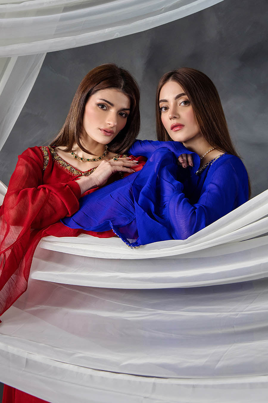 Red Handwork Crinkle Chiffon Indowestern Outfit Online in UK USA Canada