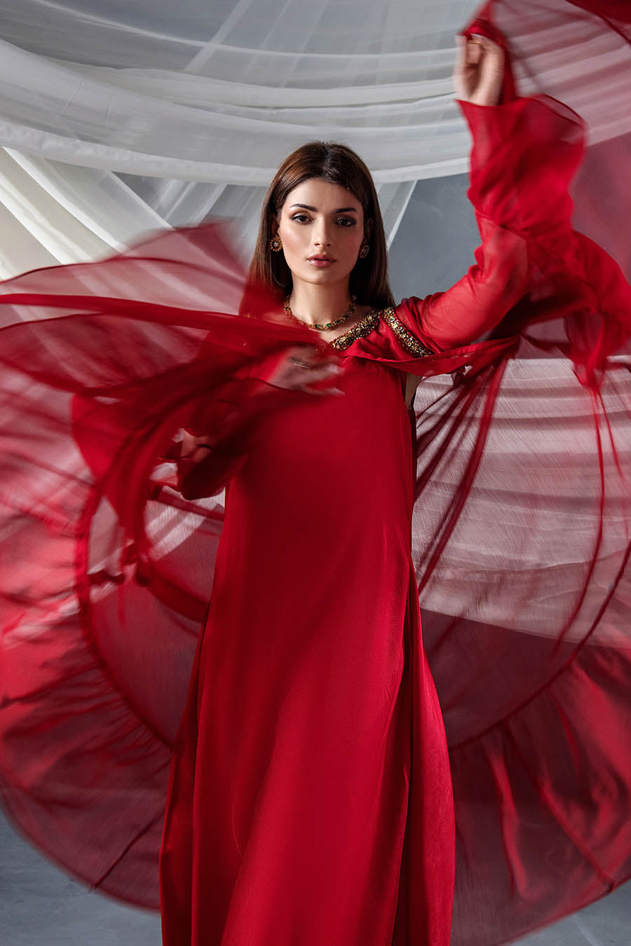 Red Indowestern Suit with Dupatta Online in Dubai DXB UAE Abudhabi Meena Bazaar