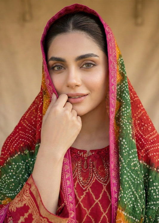 Red Jacquard Embroidered 3 Piece Suit Online in Dubai DXB UAE Abudhabi Meena Bazaar
