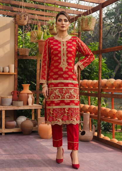 Red Jacquard Embroidered Festive Outfit Online in Sri Lanka India Australia