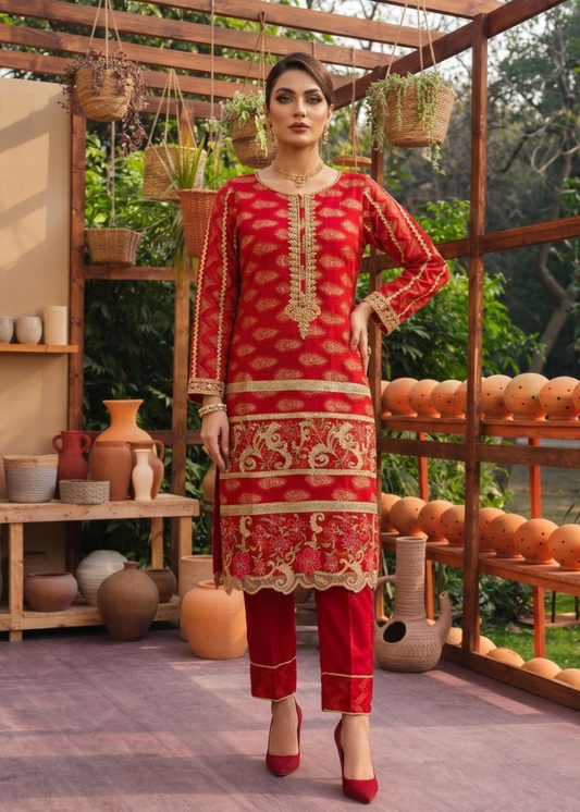 Red Jacquard Embroidered Festive Outfit Online in Sri Lanka India Australia