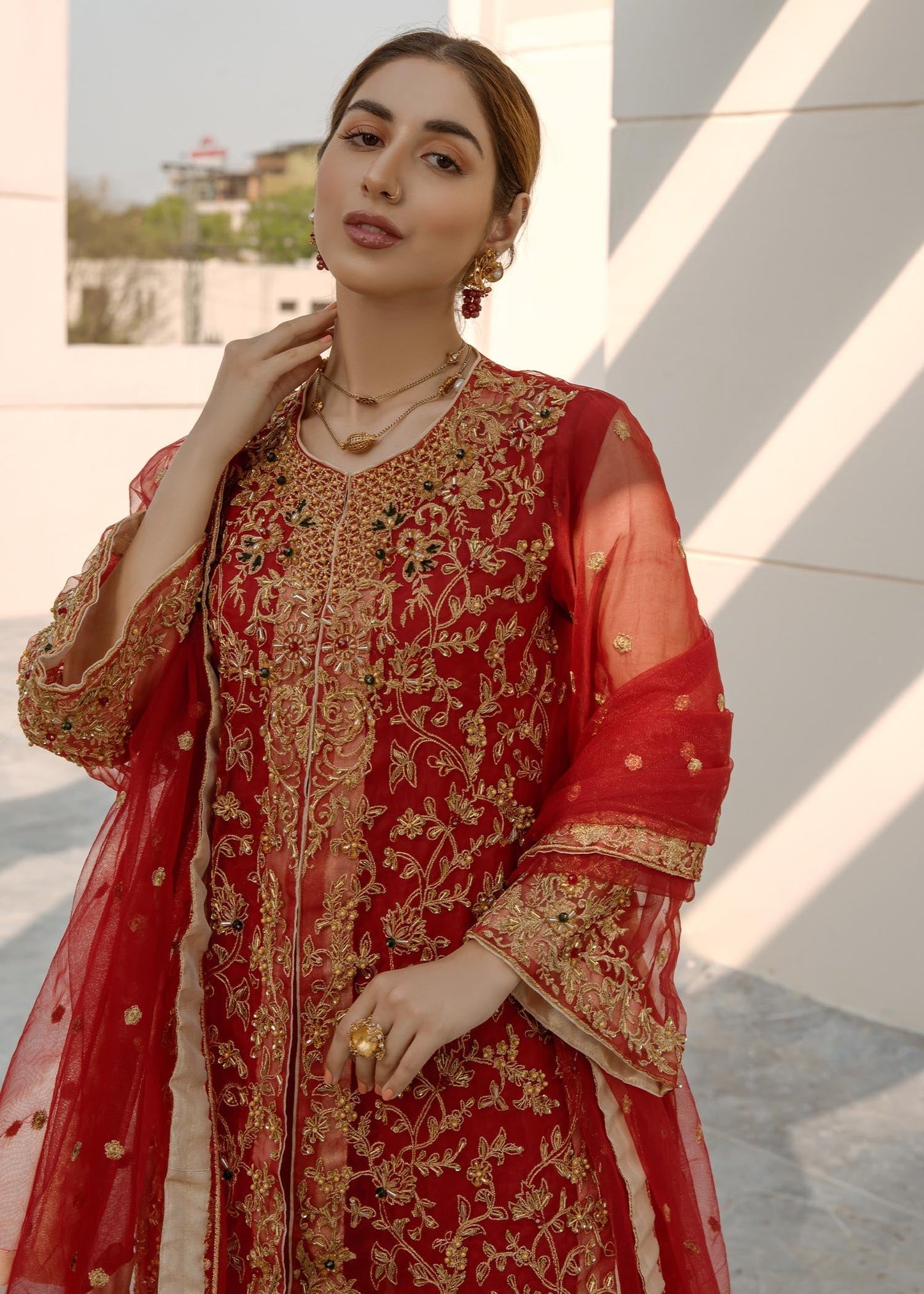 Red Jewel Stone Embroidered Organza Festive Suit Online in Sri Lanka India Australia