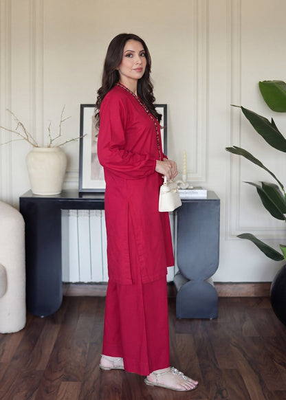 Red Lacework Lawn 2 Piece Suit Online in Dubai UAE Abudhabi Ajman Sharjah