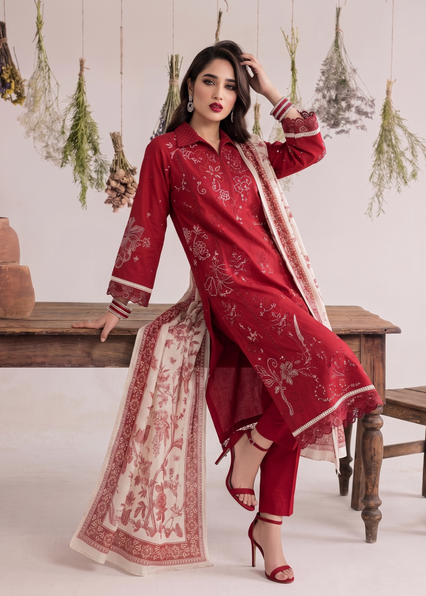 Red Lawn Embroidered Pakistani Suit Online in Dubai DXB UAE Abudhabi Meena Bazaar