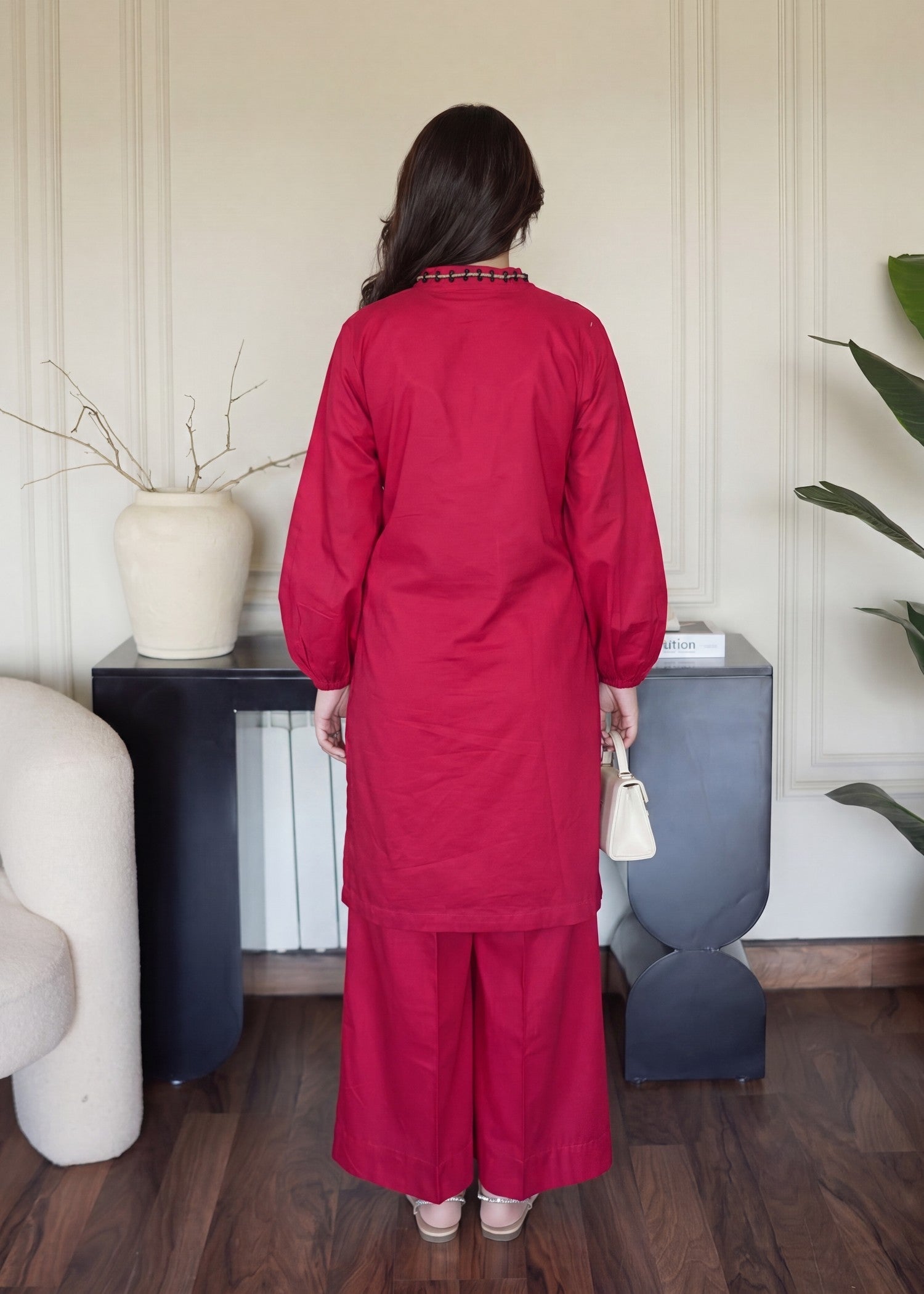 Red Lawn Pakistani Suit with Lacework Online in KSA Riyadh Saudi Arabia Oman Bahrain Qatar