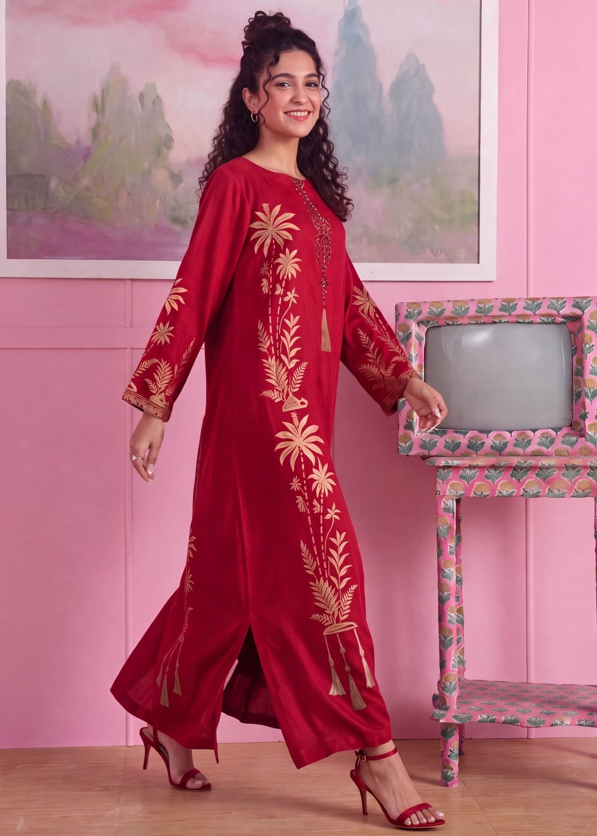 Red Linen Kaftan for Women Online in Dubai UAE Abudhabi Ajman Sharjah