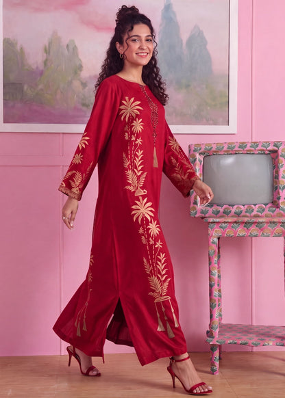 Red Linen Kaftan for Women Online in Dubai UAE Abudhabi Ajman Sharjah