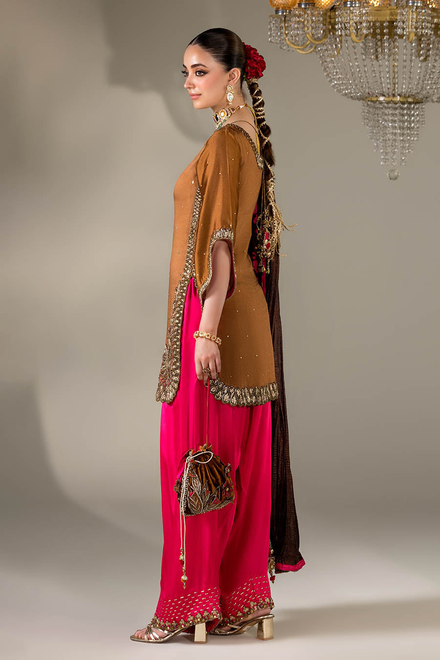 Red Mustard Hand Embroidered Silk Designer Outfit Online in KSA Riyadh Saudi Arabia Oman Bahrain Qatar