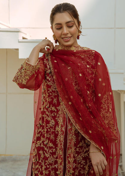 Red Net Dupatta Embroidered Organza Suit Online in Dubai UAE Abudhabi Ajman Sharjah