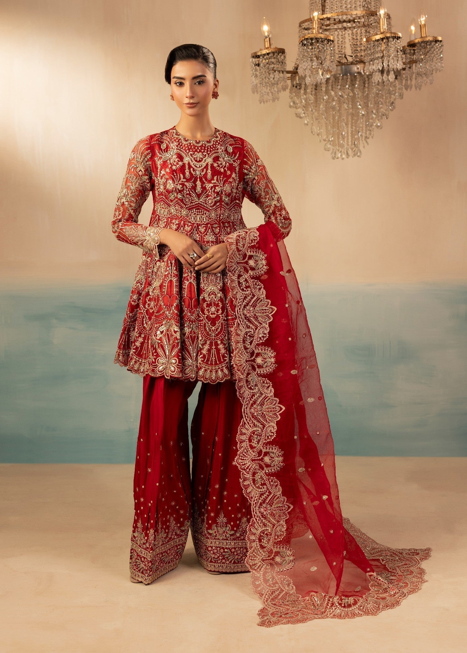 Red Organza Dupatta Farshi Shalwar Pakistani Suit Online in Dubai UAE Abudhabi Ajman Sharjah