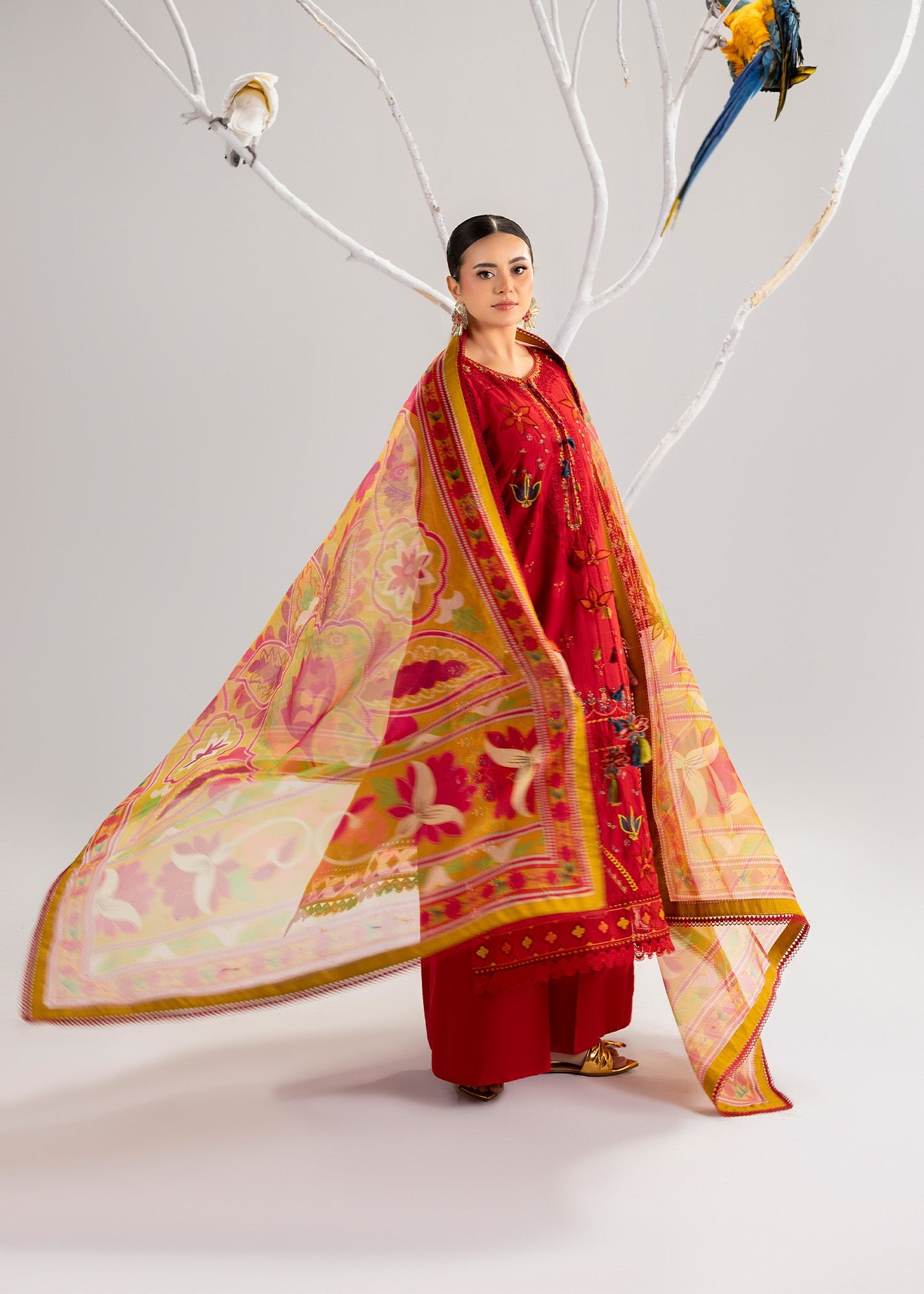 Red Organza Dupatta Lawn Suit for Women Online in Dubai UAE Abudhabi Ajman Sharjah