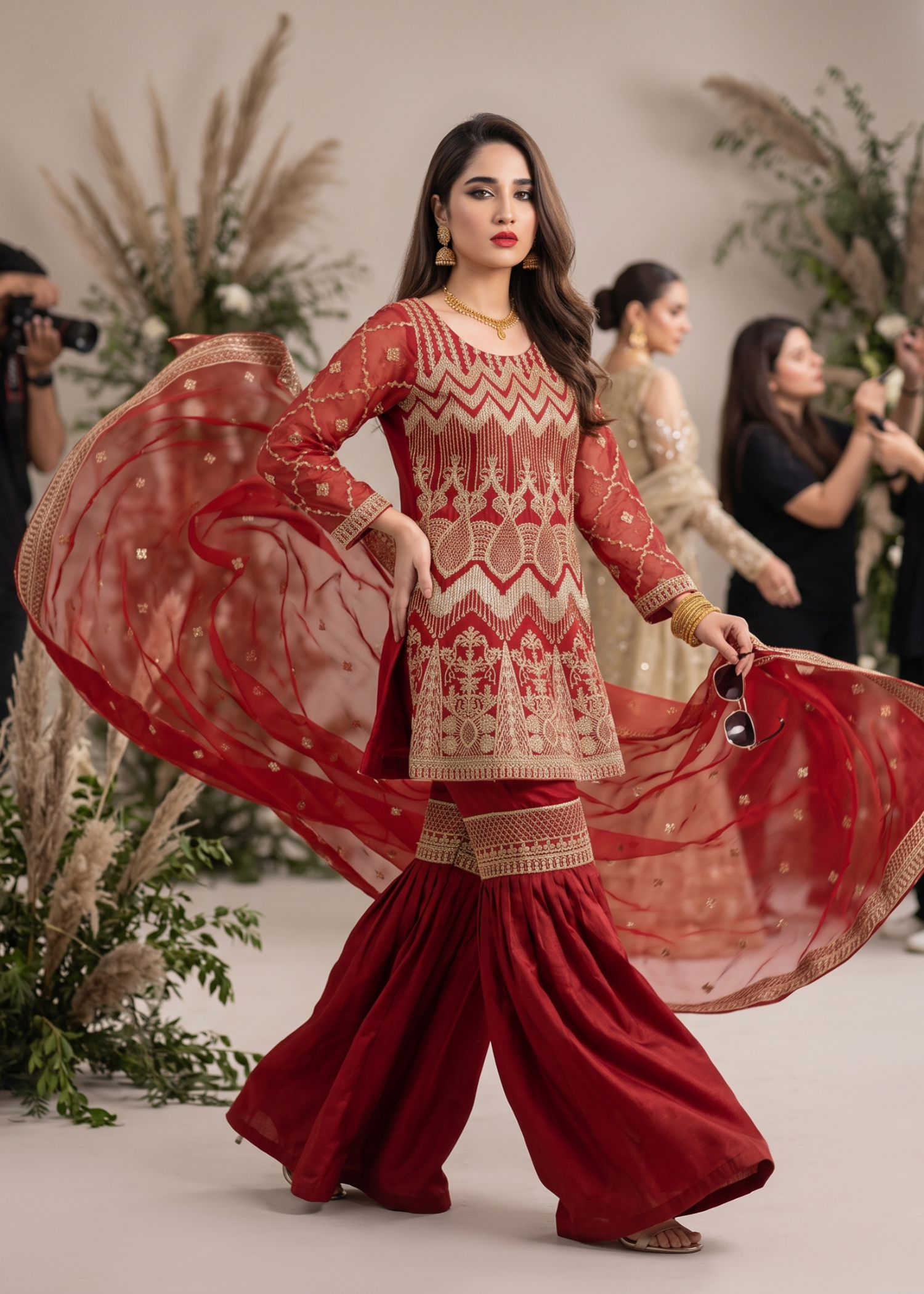 Red Organza Embroidered Festive Wear Gharara Online in Sri Lanka India Australia