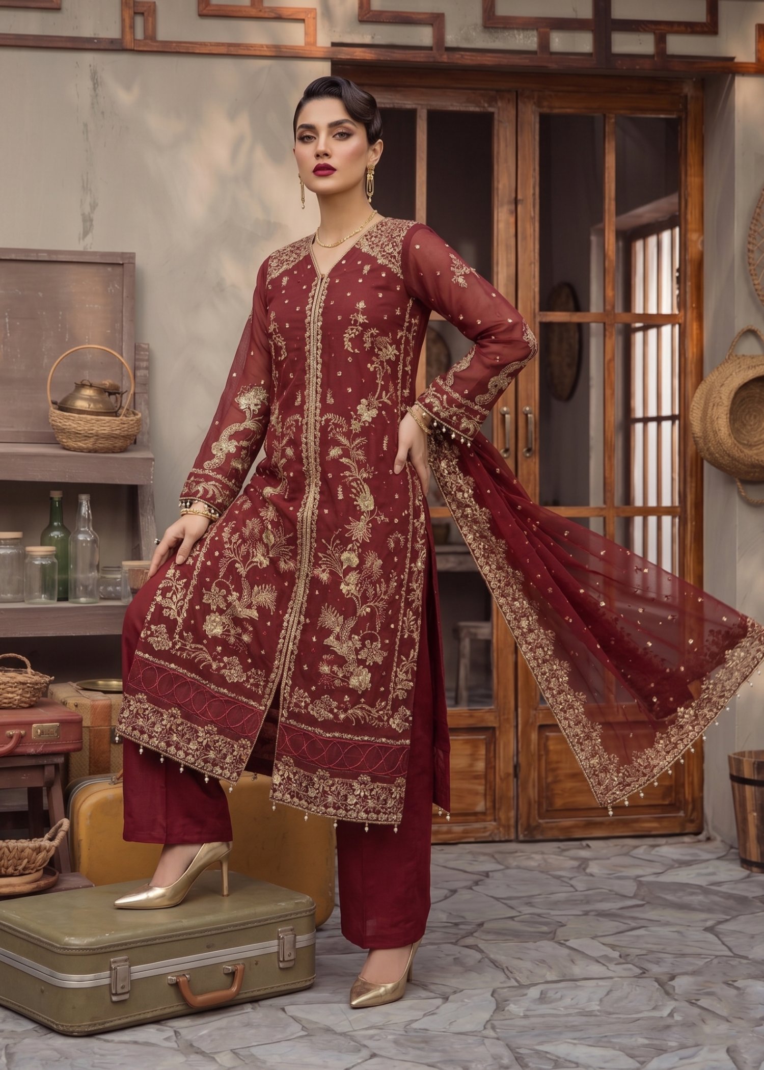 Red Organza Embroidered Partywear Dress Material Online in Sri Lanka India Australia
