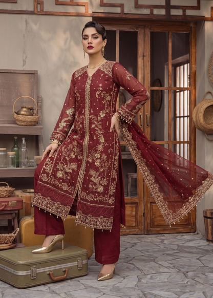Red Organza Embroidered Partywear Dress Material Online in Sri Lanka India Australia
