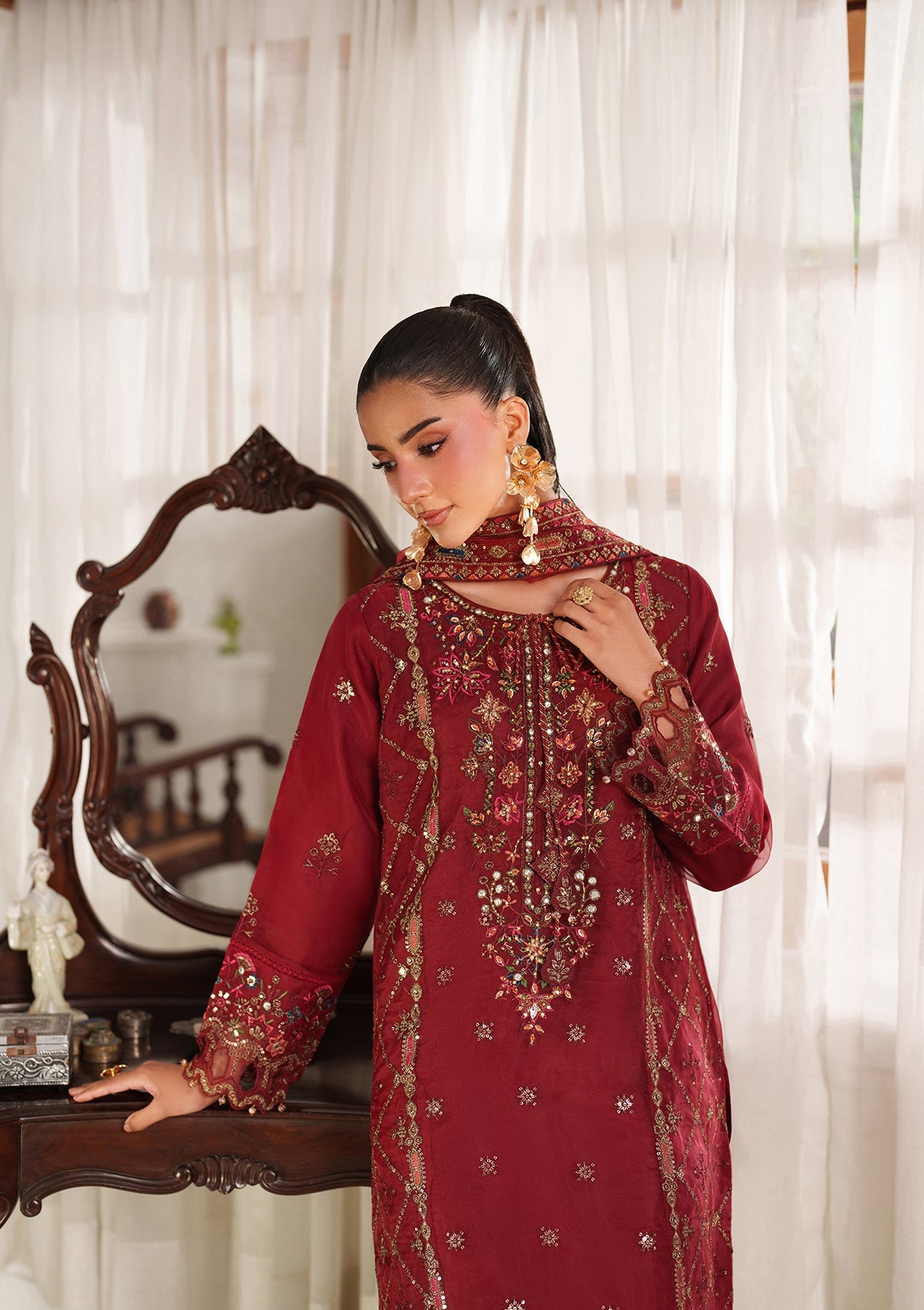 Red Organza Embroidered Suit Online in Dubai DXB UAE Abudhabi Meena Bazaar