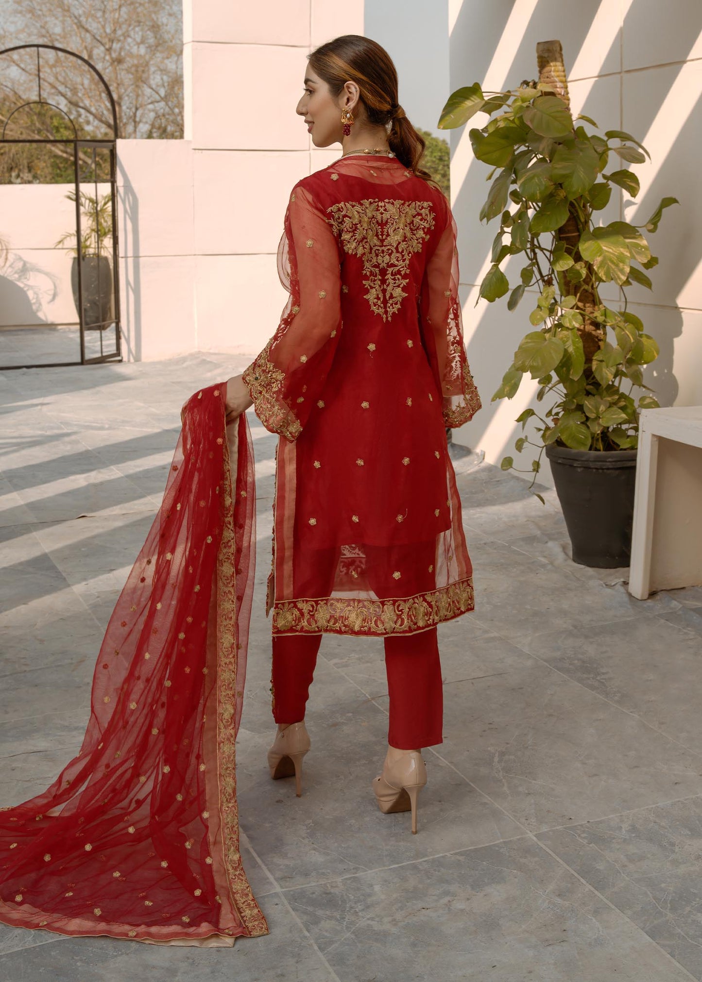 Red Organza Front Open Jacket Suit Online in Dubai DXB UAE Abudhabi Meena Bazaar