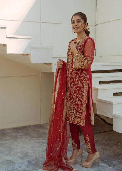 Red Organza Raw Silk Festive Salwar Kameez Online in KSA Riyadh Saudi Arabia Oman Bahrain Qatar