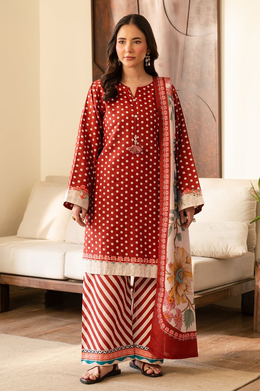 Red Printed Khaddar 3 Piece Pakistani Suit Online in Dubai UAE Abudhabi Ajman Sharjah