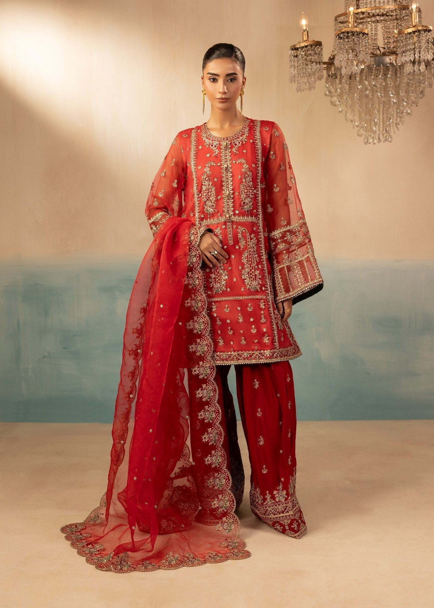 Red Raw Silk Embroidered Festive Wear Suit Online in Dubai UAE Abudhabi Ajman Sharjah