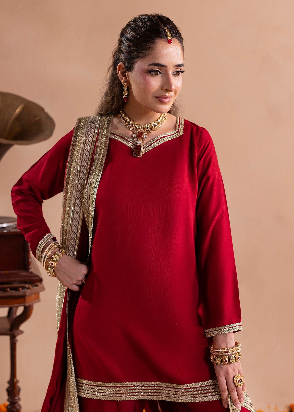 Red Raw Silk Festive Gharara Pakistani Designer Suits Online in KSA Riyadh Saudi Arabia Oman Bahrain Qatar