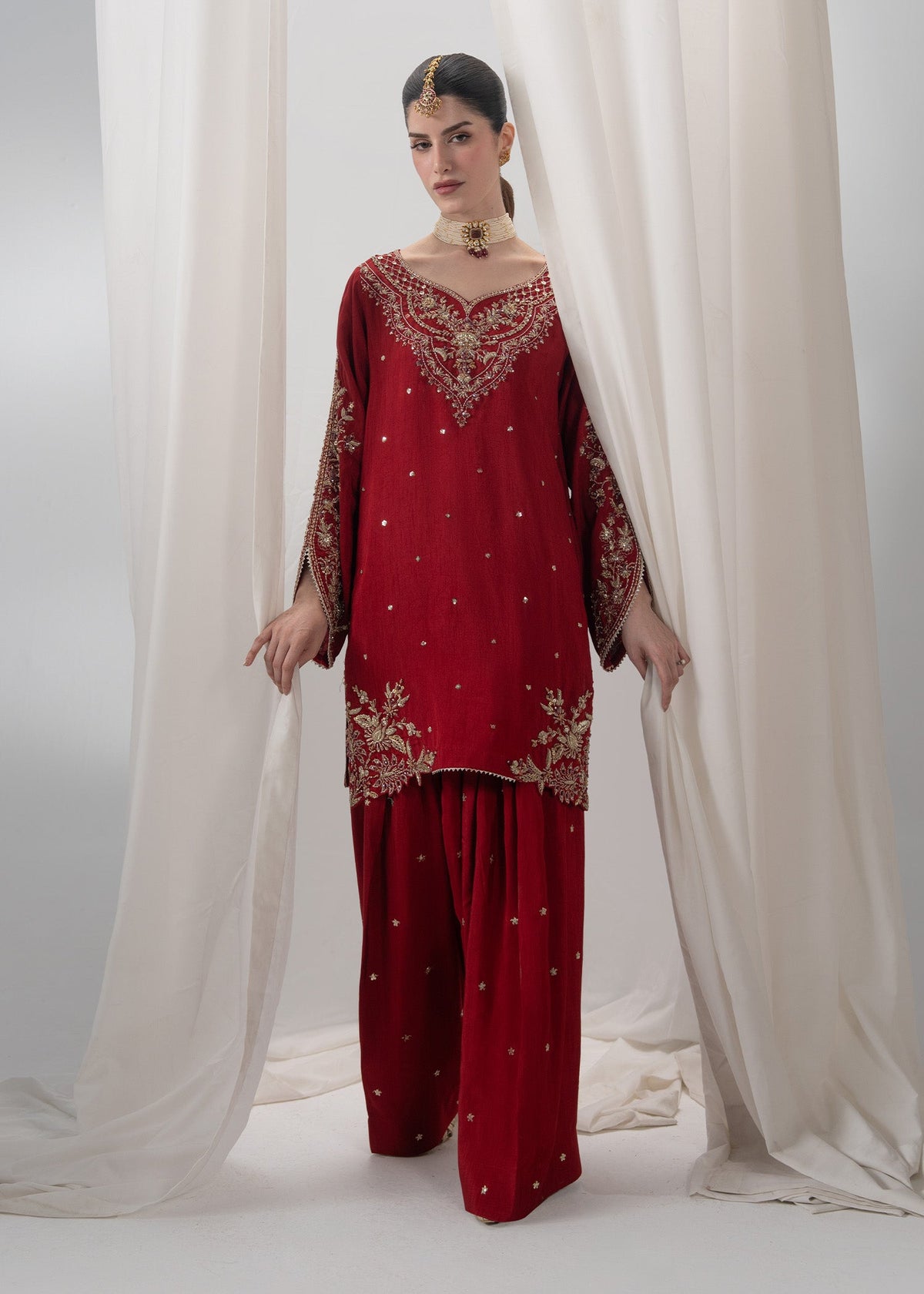 Red Raw Silk Partywear Salwar Suit Online in Dubai UAE Abudhabi Ajman Sharjah