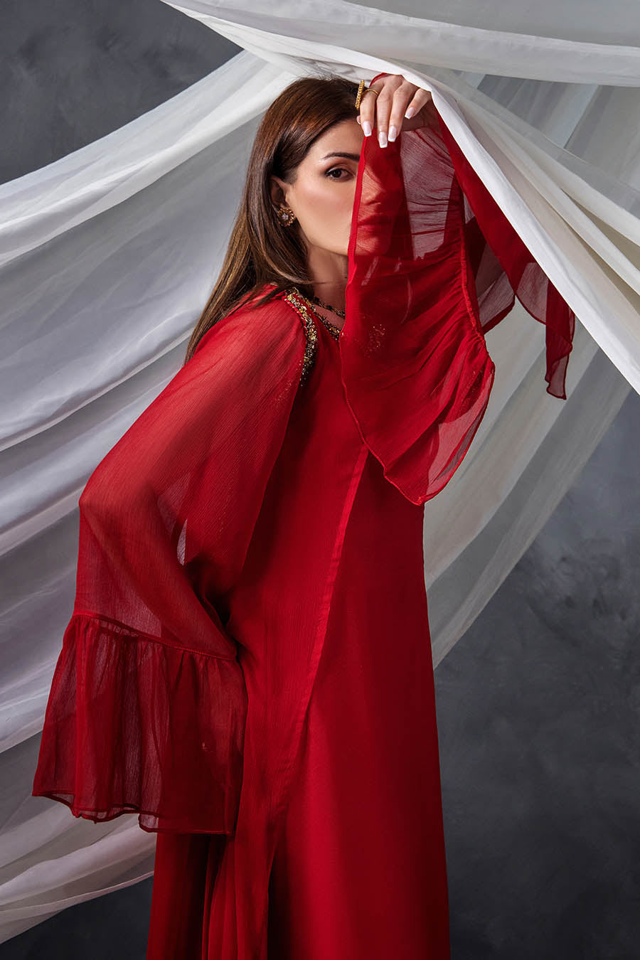 Red Russian Grip Crinkle Chiffon Indowestern Suit Online in UK USA Canada