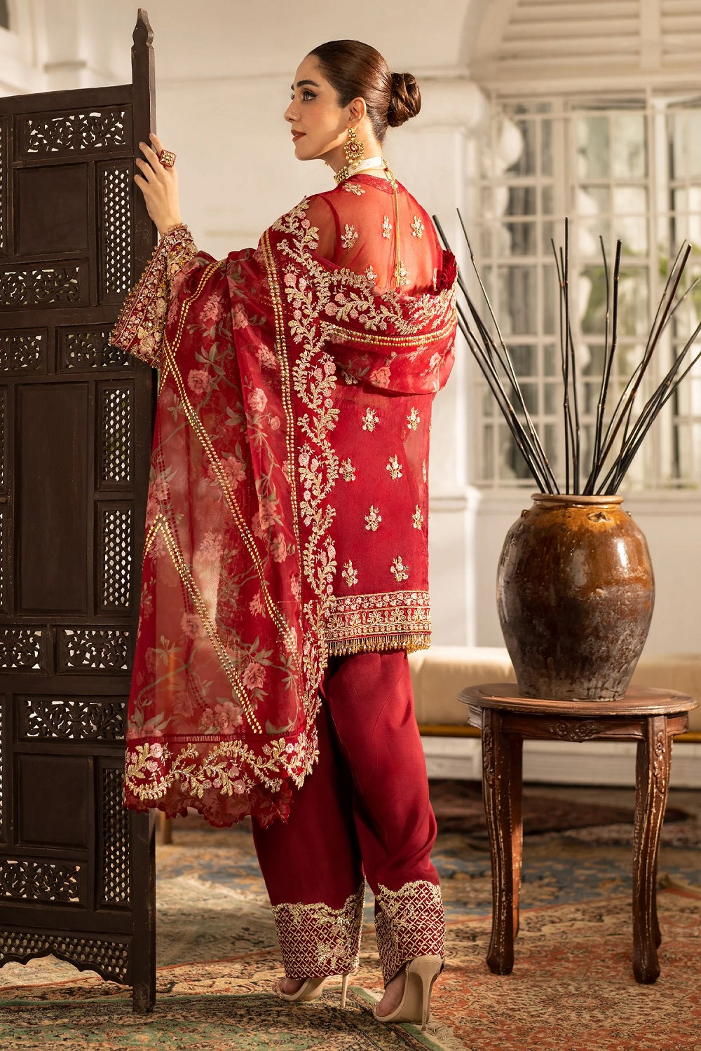 Red Sequined Organza Indowestern Salwar Suit Online in Sri Lanka India Australia