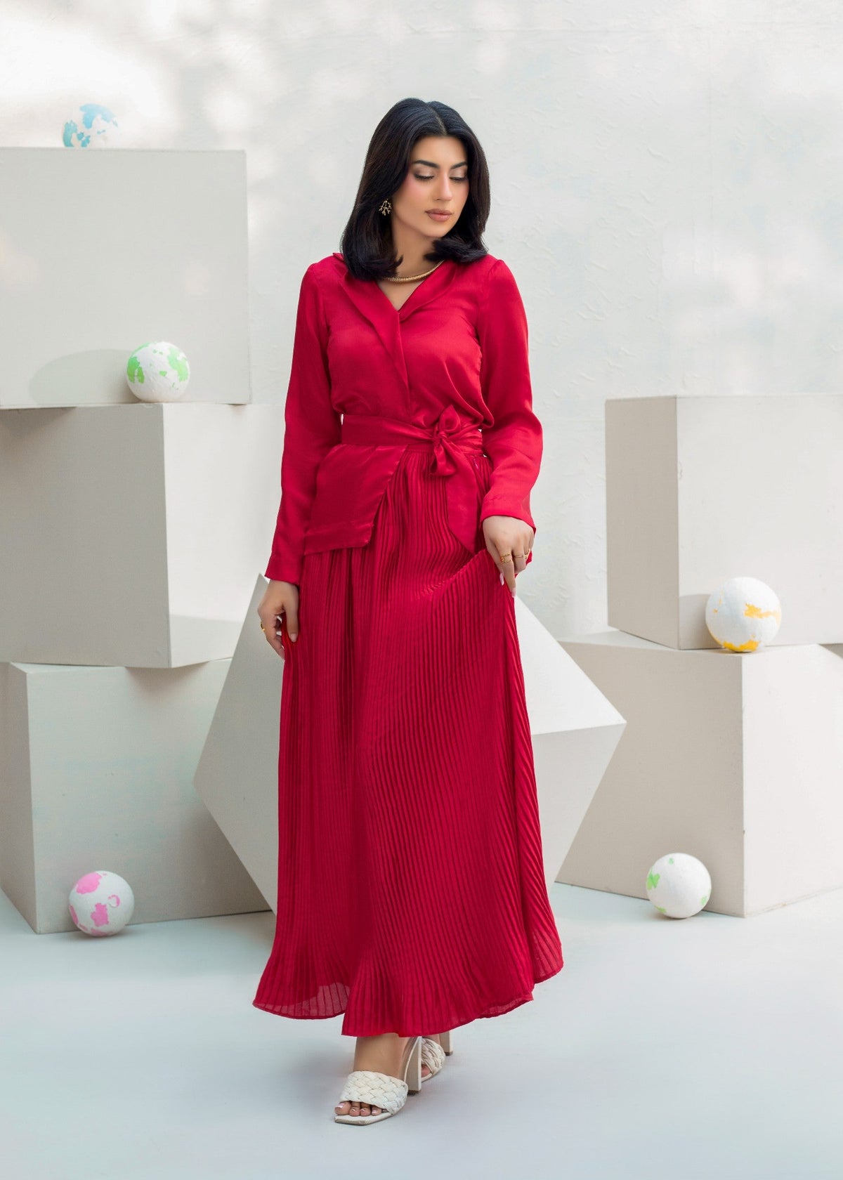 Red Shamooz Silk Crop Top and Skirt Set Online in KSA Riyadh Saudi Arabia Oman Bahrain Qatar