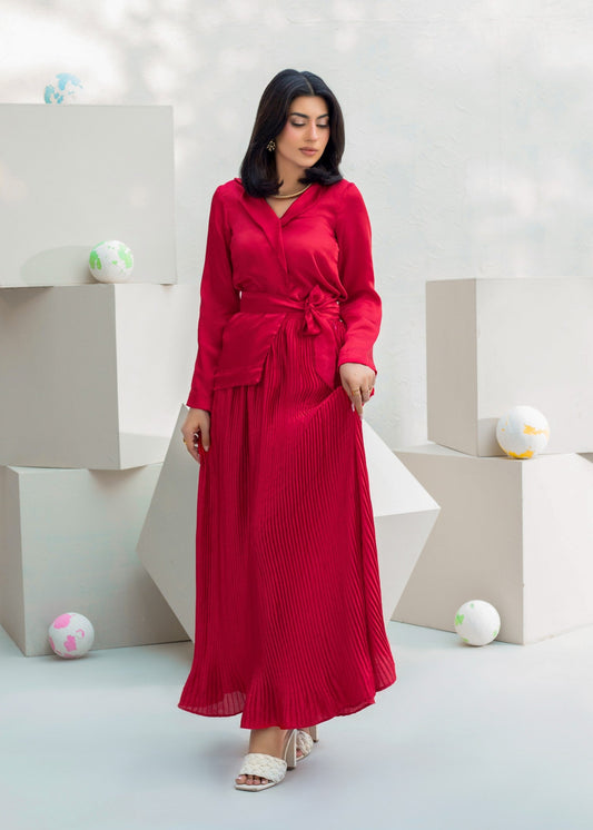 Red Shamooz Silk Crop Top and Skirt Set Online in KSA Riyadh Saudi Arabia Oman Bahrain Qatar