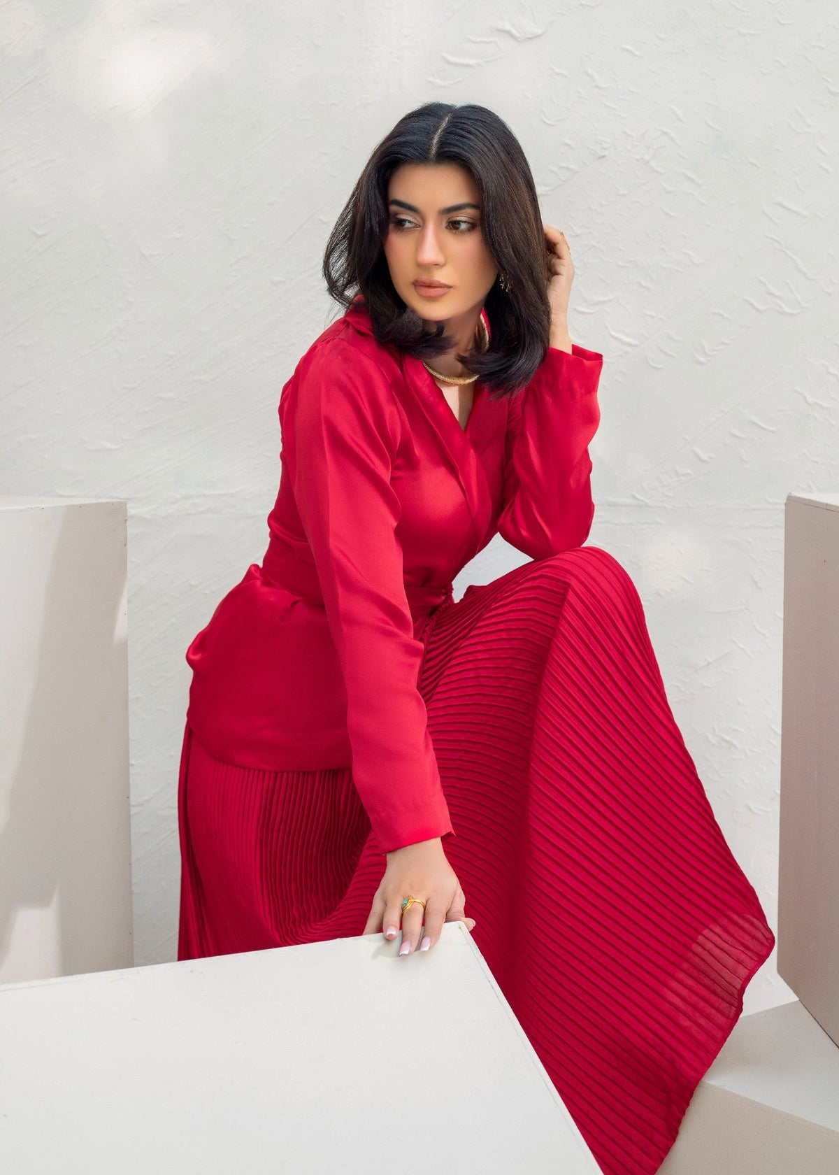 Red Shamooz Silk Crop Top Pleated Skirt Set Online in Dubai UAE Abudhabi Ajman Sharjah