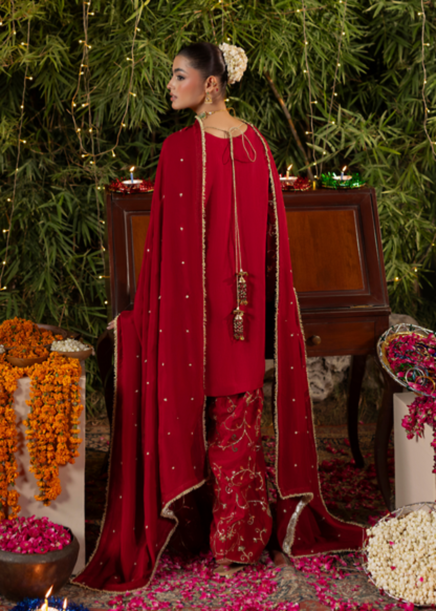 Red Silk Kurta Farshi Shalwar Dupatta Set Online in Dubai DXB UAE Abudhabi Meena Bazaar