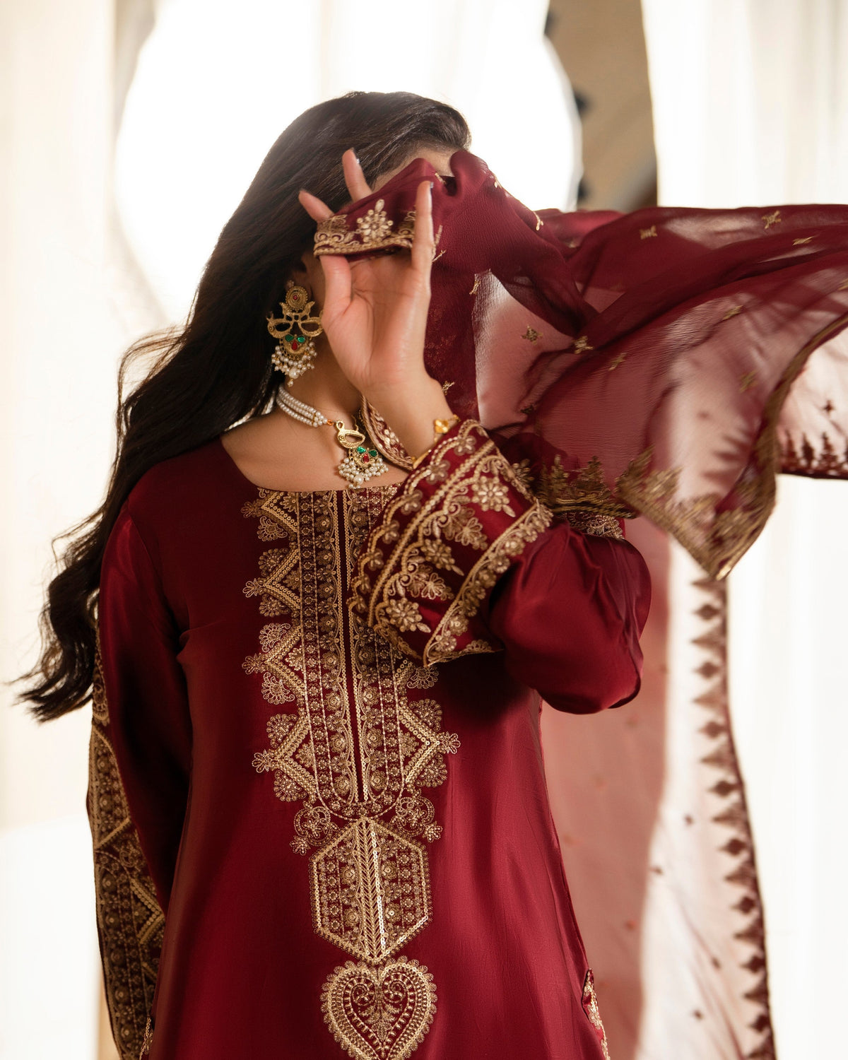 Red Thread Sequin Tilla Embroidered Shamoz Silk Shalwar Kameez Online in UK USA Canada